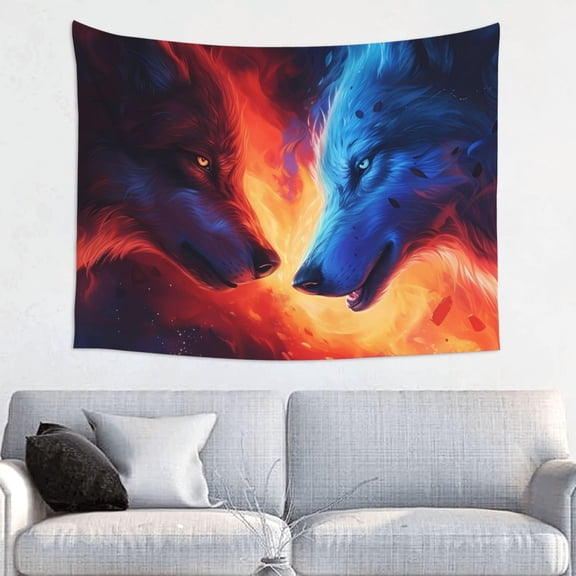 Kdxio Red And Blue Fire Wolf Wall Hanging Tapestries Banner For Bedroom College Dorm Home Living Room Party Decor 29X37 In