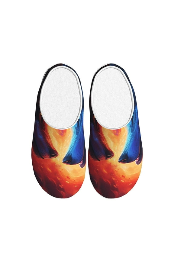 Red And Blue Fire Wolf Women's Men's Slippers Plush Slip-On House Slipper for Winter Indoor Soft Cushion Non-slip Fluffy Slides Slippers-37/38