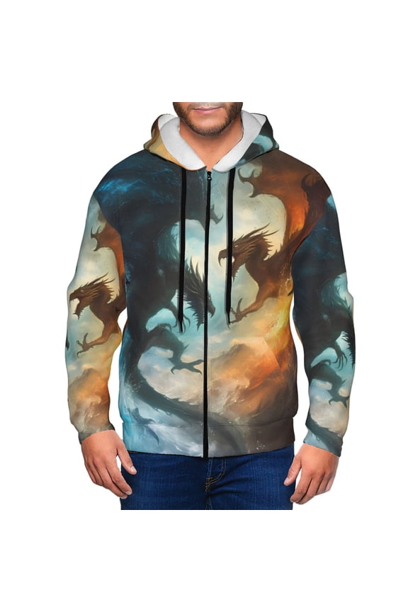 Red And Blue Flame Wave Dragon Print Men Hoodies Casual Hoodies for Men with Zip Pockets Full Zip Long Sleeve Sweatshirt Sports Hooded Jacket-Small