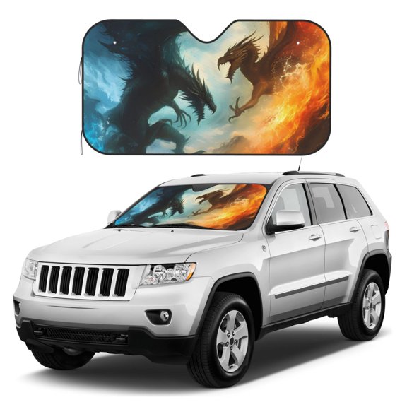 Kdxio Red And Blue Flame Wave Dragon Print Windshield Sun Shade, Foldable Sun Blocker for Car,Truck,SUV Automotive Interior Sun Protection,Reflective Shade for Front Windshield(Small)