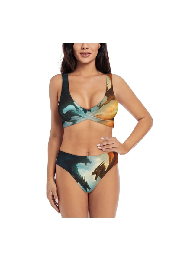 Red And Blue Flame Wave Dragon Print Women's 2 Piece High Waisted Wrap Spaghetti Strap Summer Swimsuit Bikini Set-Medium