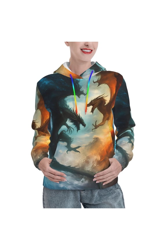 Red And Blue Flame Wave Dragon Print Womens Oversized Hoodies Sweatshirts Hooded Pullover Tops Sweaters Casual-Medium
