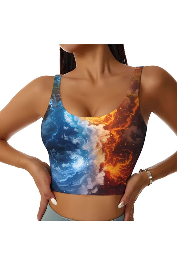 Red And Blue Flame Waves Print Workout Crop Tank Top for Women Racerback Yoga Tank Tops Athletic Sports Shirts Exercise Undershirts