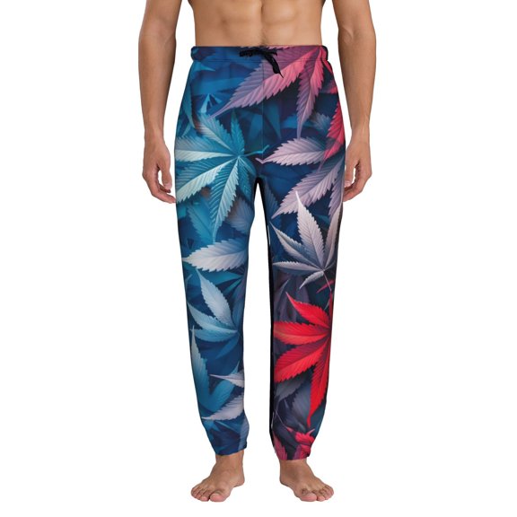 Kdxio Red And Blue Leaves Pattern Joggers,Sweatpants for Men with Pockets-3X-Large