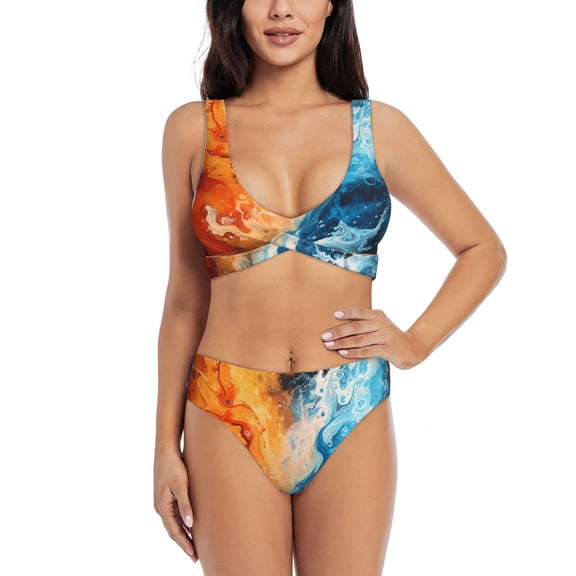 Kdxio Red And Blue Waves Print Women's 2 Piece High Waisted Wrap Spaghetti Strap Summer Swimsuit Bikini Set-X-Large