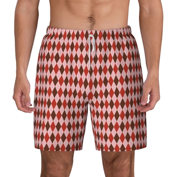 Kdxio Red And Brown Squares Print Men'S Swim Trunks With Compression Liner 7 Inch Inseam Quick Dry Swim Shorts