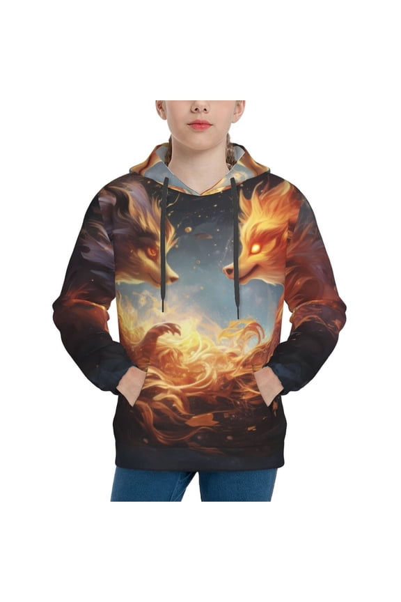 Red And Gray Flame Fox Pattern Boys Athletic Unisex Boys Girls Hoodie with Pocket Sweatshirts-Medium