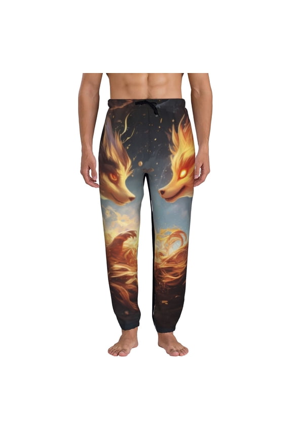 Red And Gray Flame Fox Pattern Joggers,Sweatpants for Men with Pockets-Medium