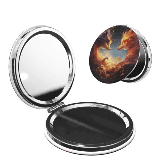 Kdxio Red And Gray Flame Fox Pocket Mirror, 1X/2X Travel Makeup Mirror 2-Sided Folding Small Mirror Portable Double-Sided Magnifying Cosmetic Mirror for Gift-Round Shape