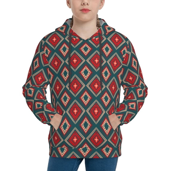 Kdxio Red And Orange On Blue Teal Pattern Boys Athletic Unisex Boys Girls Hoodie with Pocket Sweatshirts-Medium