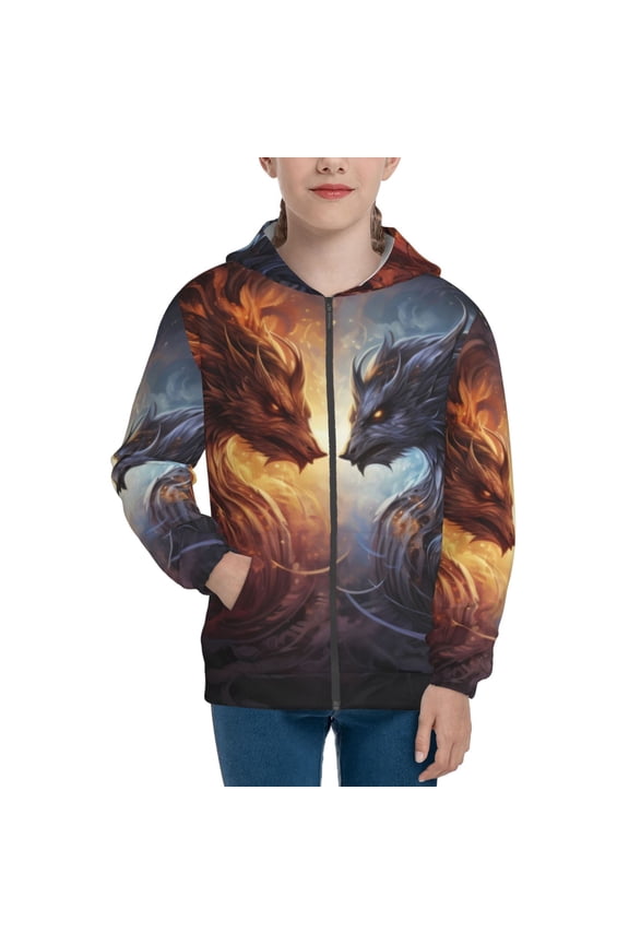 Red And White Beast Pattern Kids Boys Girls Zip Up Hoodie 3D Printed Hooded Sweatshirt Hoody Coat with Pocket 7-12 Y-Medium