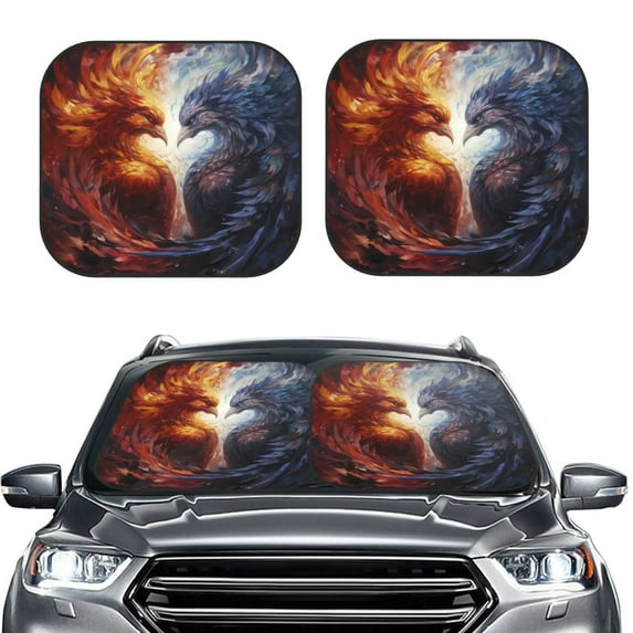 Kdxio Red And White Fire Bird Print 2-Piece Sun Shade Front Windshield - Foldable Car Front Window Sunshades for Most Sedans SUV Truck