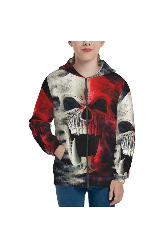 Red And White Screaming Demon Skull Pattern Kids Boys Girls Zip Up Hoodie 3D Printed Hooded Sweatshirt Hoody Coat with Pocket 7-12 Y-Medium