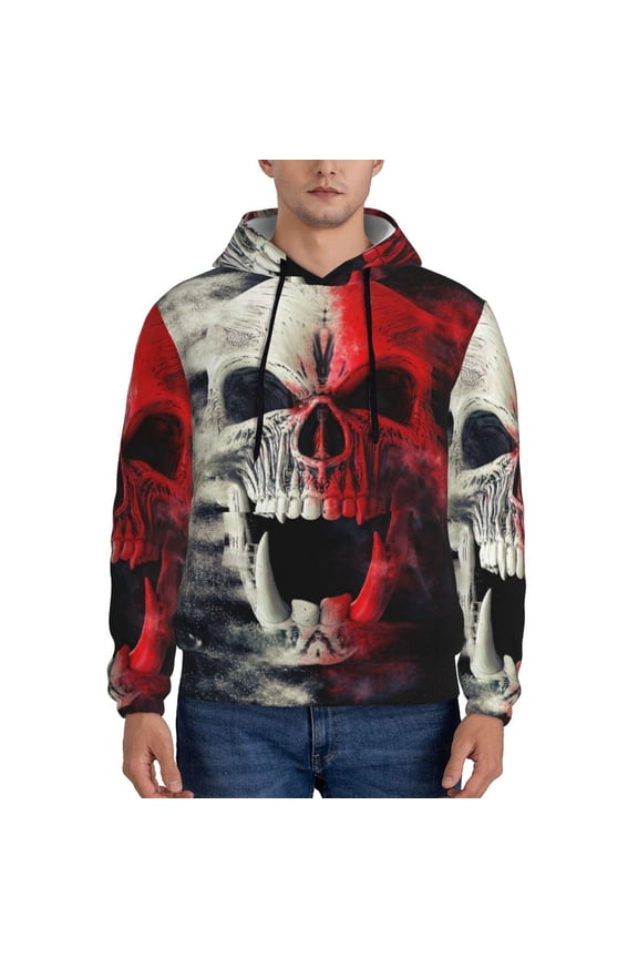 Red And White Screaming Demon Skull Print Mens Casual Hooded Collar Drawstring Hoodies Pullover Sweatshirts Casual Long Sleeve Shirts-