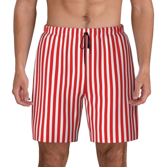 Kdxio Red And White Stripes Print Men's Swim Trunks with Compression Liner 7 Inch Inseam Quick Dry Swim Shorts