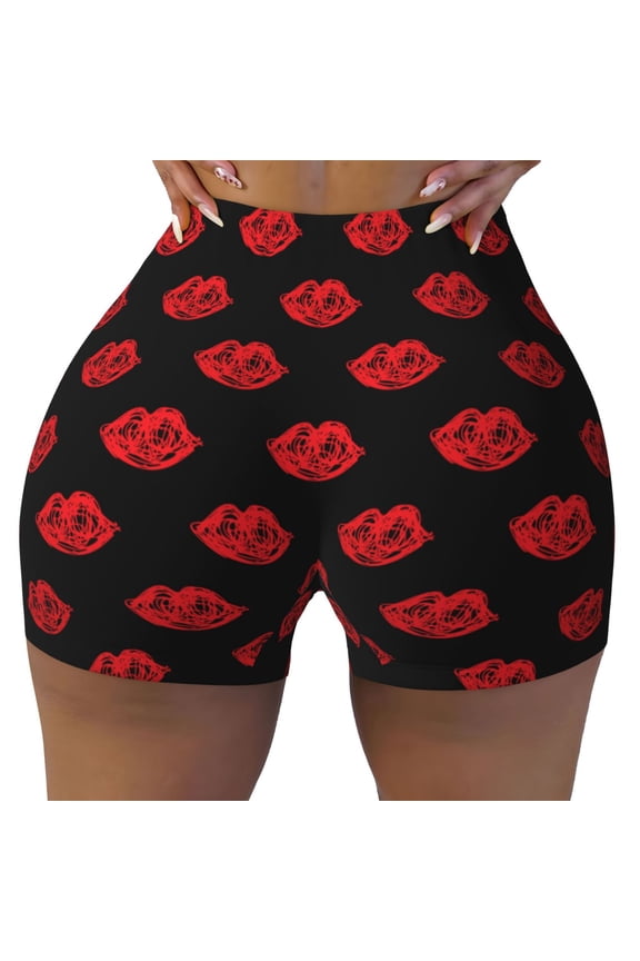 Red Beautiful Lips Print Workout Shorts for Women Seamless Soft Smooth Gym Yoga Scrunch Active Shorts
