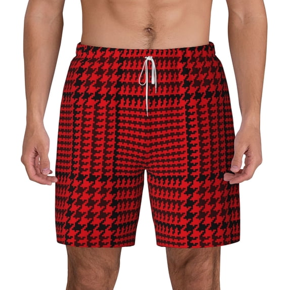 Kdxio Red Black Houndstooth Print Men'S Swim Trunks With Compression Liner 7 Inch Inseam Quick Dry Swim Shorts