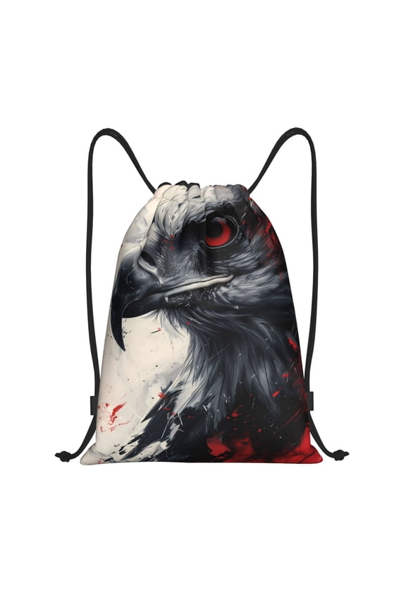 Red Black Ink Style Bald Eagle Print Drawstring Backpack Bag,Waterproof Draw String Back Sack, Gym Drawstring Bags Swim Bag For Unisex