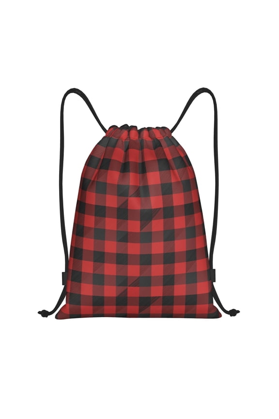 Red Black Plaid Print Drawstring Backpack Bag,Waterproof Draw String Back Sack, Gym Drawstring Bags Swim Bag For Unisex