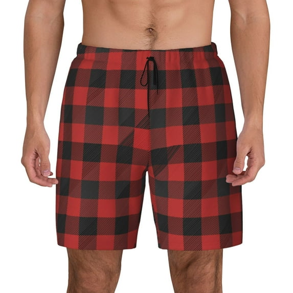 Kdxio Red Black Plaid Print Men's Swim Trunks with Compression Liner 7 Inch Inseam Quick Dry Swim Shorts