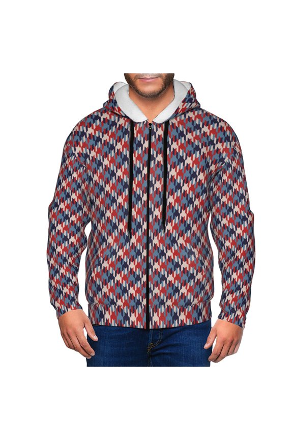 Red Blue Checked Print Men Hoodies Casual Hoodies for Men with Zip Pockets Full Zip Long Sleeve Sweatshirt Sports Hooded Jacket-Large