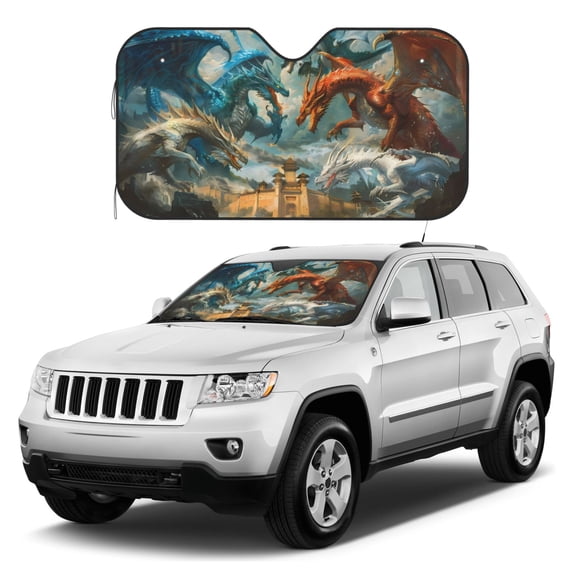 Kdxio Red Blue Dragon Battle Epic Print Windshield Sun Shade, Foldable Sun Blocker for Car,Truck,SUV Automotive Interior Sun Protection,Reflective Shade for Front Windshield(Small)