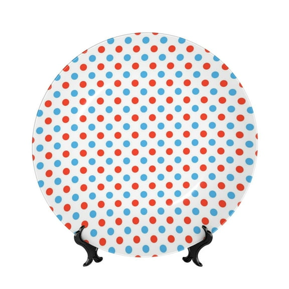 Kdxio Red Blue Polka Dots Bone China Decorative Plate Ceramic Decorative Plate for Home Office Wall Stand Decorative Plates for Home Bedroom-7in