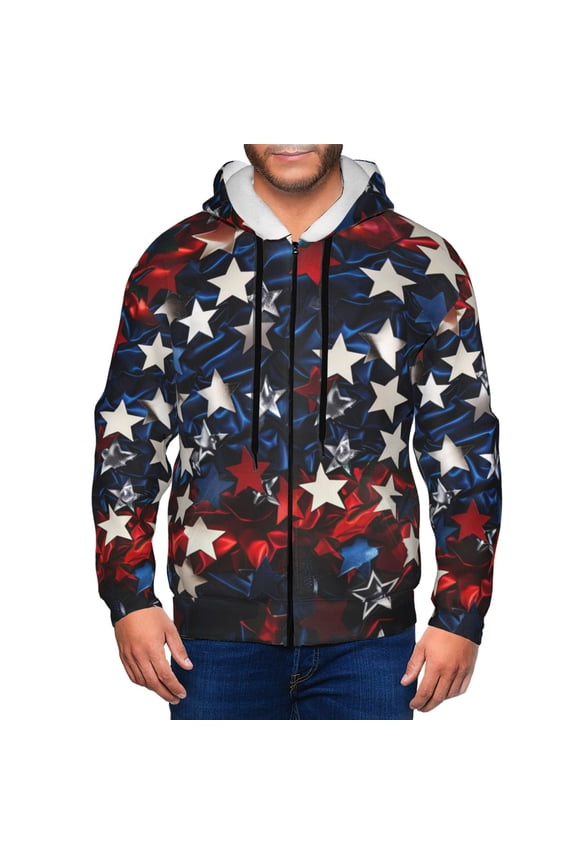 Red Blue White Stars Print Men Hoodies Casual Hoodies for Men with Zip Pockets Full Zip Long Sleeve Sweatshirt Sports Hooded Jacket-Large