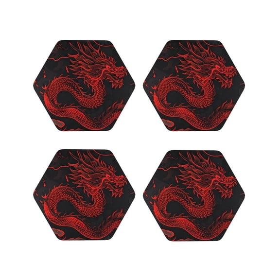 Kdxio Red Dragon On Black Funny Coasters,4 Pcs Leather Coasters,Housewarming Gifts,Protect Furniture from Water Marks Scratch and Damage