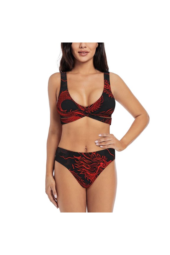 Red Dragon On Black Print Women's 2 Piece High Waisted Wrap Spaghetti Strap Summer Swimsuit Bikini Set-Medium