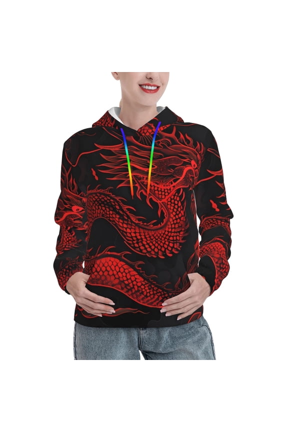 Red Dragon On Black Print Womens Oversized Hoodies Sweatshirts Hooded Pullover Tops Sweaters Casual-Small