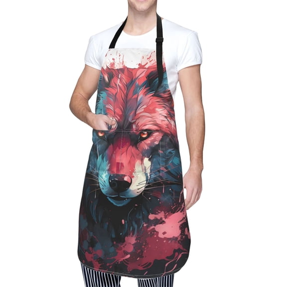 Kdxio Red Flame Wolf Head Apron with Pockets Adjustable Kitchen Aprons for Men Women Waterproof Aprons for Cooking,Drawing,Crafting, Baking Household Cleaning