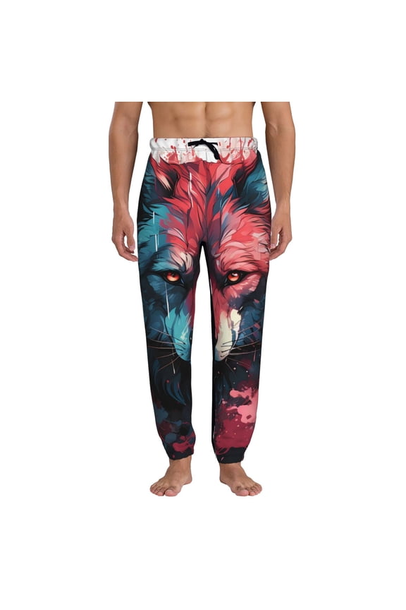 Red Flame Wolf Head Pattern Joggers,Sweatpants for Men with Pockets-X-Large