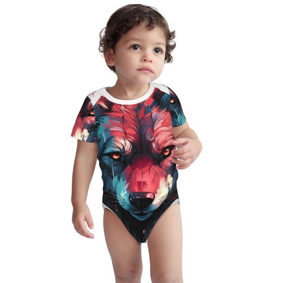 Kdxio Red Flame Wolf Head Pattern Unisex Baby Cotton Short Sleeve Bodysuits-12 Months