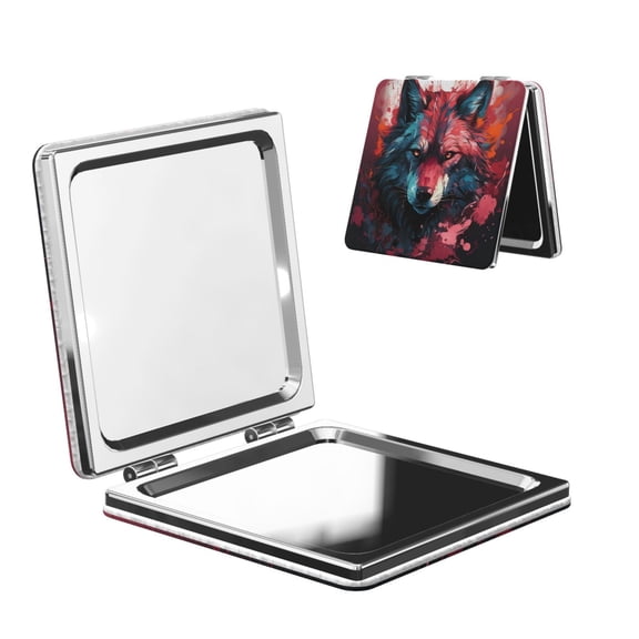 Kdxio Red Flame Wolf Head Pocket Mirror, 1X/2X Travel Makeup Mirror 2-Sided Folding Small Mirror Portable Double-Sided Magnifying Cosmetic Mirror for Gift-Square