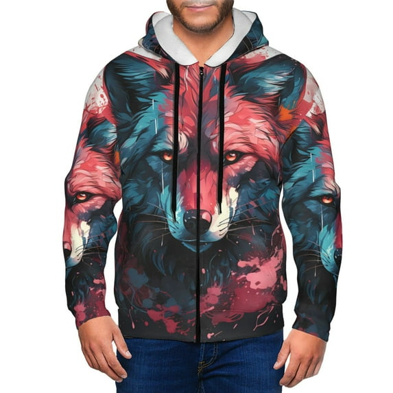 Kdxio Red Flame Wolf Head Print Men Hoodies Casual Hoodies for Men with Zip Pockets Full Zip Long Sleeve Sweatshirt Sports Hooded Jacket-X-Large