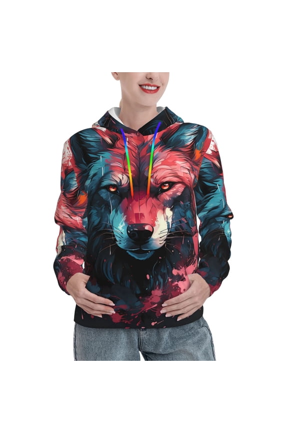 Red Flame Wolf Head Print Womens Oversized Hoodies Sweatshirts Hooded Pullover Tops Sweaters Casual-Small