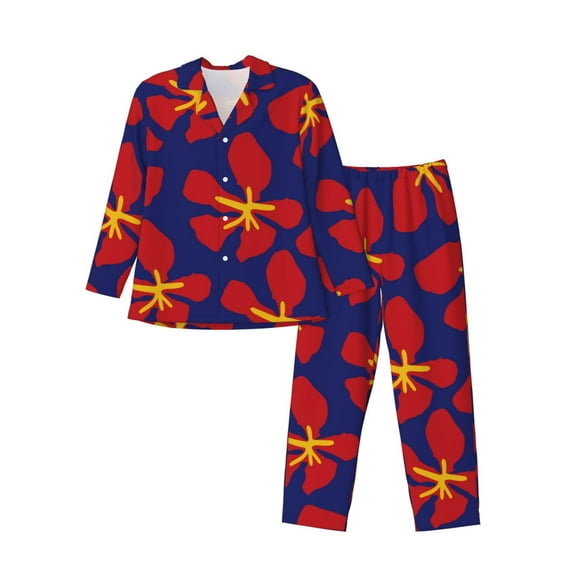 Kdxio Red Floral Men’s Pajama Set Pajamas For Men 2 Piece PJ Set with Men Pajama Pants and Long Sleeve T-Shirt Lounge Set-X-Large