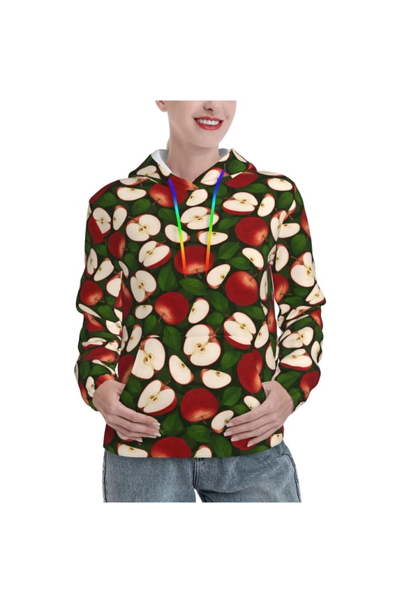 Red Fruit Print Womens Oversized Hoodies Sweatshirts Hooded Pullover Tops Sweaters Casual-Small