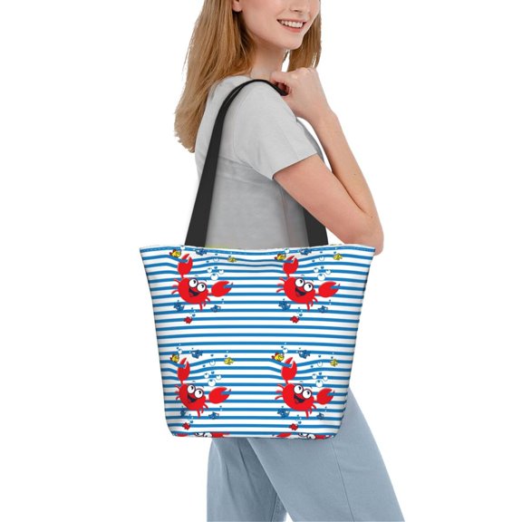 Kdxio Red Funny Crab on Blue Stripe Women Reusable Grocery Bags Foldable Ripstop,Reusable Shopping Bags for Shopping,Gym,Gift