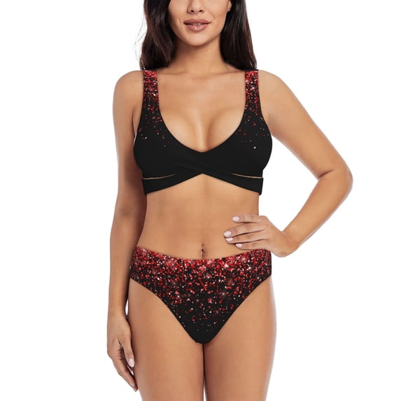 Kdxio Red Glitter1 Print Women's 2 Piece High Waisted Wrap Spaghetti Strap Summer Swimsuit Bikini Set-Medium
