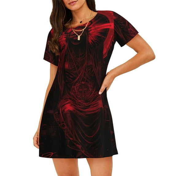 Kdxio Red Gothic Skeleton Throne Pattern Womens Short Sleeve Sleepshirt Scoopneck Cute Nightdress Ruffle Comfy Nightgown