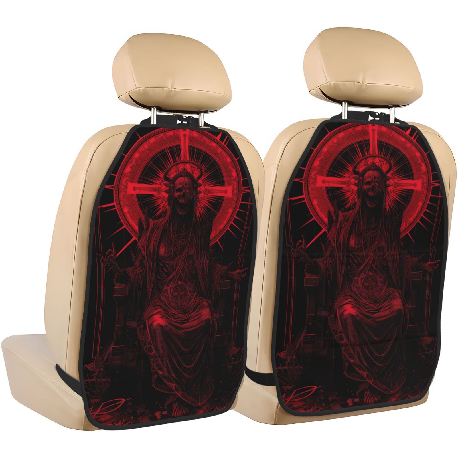 Kdxio Red Gothic Skeleton Throne Print 2 Pack Car Kick Mat Seat Cover Back Protector Mat with Pockets for Organizer Backseat Protector and Storage Anti Kick Pad for Vehicles