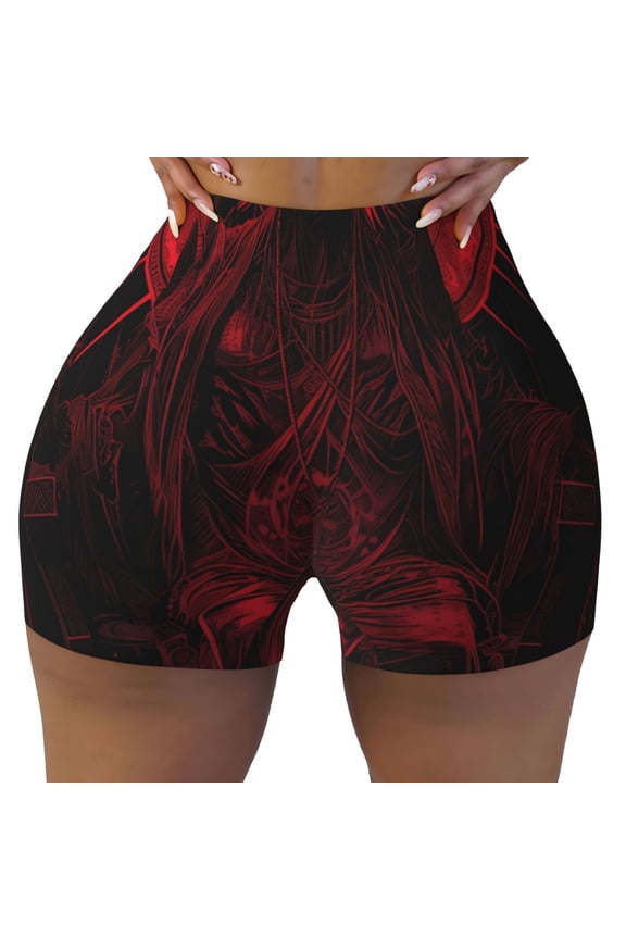Red Gothic Skeleton Throne Print Workout Shorts for Women Seamless Soft Smooth Gym Yoga Scrunch Active Shorts