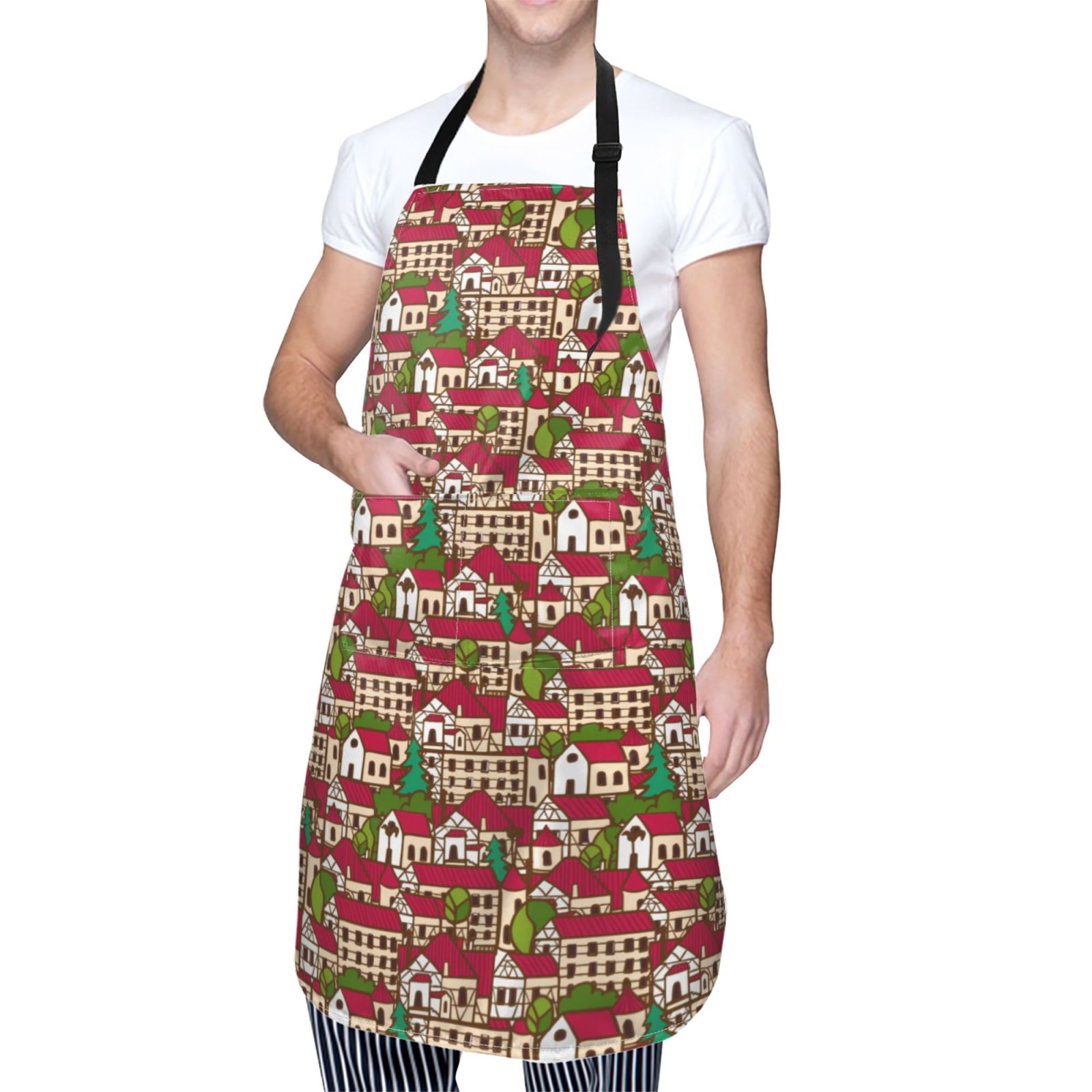 Kdxio Red Houses Apron with Pockets Adjustable Kitchen Aprons for Men Women Waterproof Aprons for Cooking,Drawing,Crafting, Baking Household Cleaning