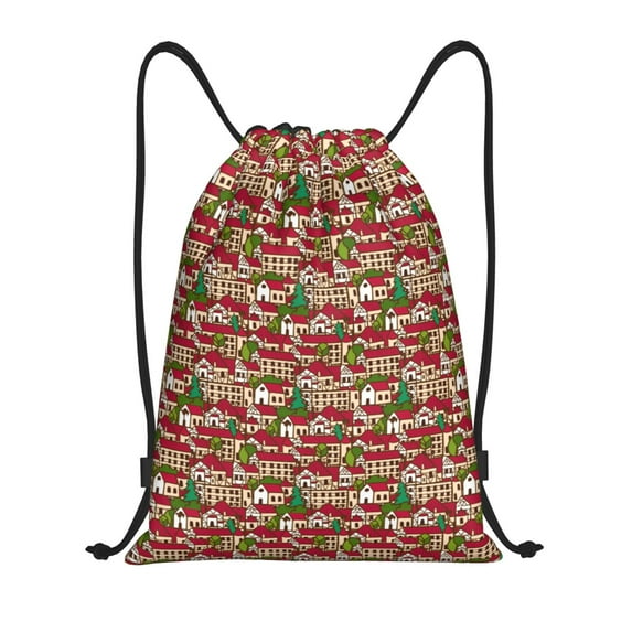 Kdxio Red Houses Print Drawstring Backpack Bag,Waterproof Draw String Back Sack, Gym Drawstring Bags Swim Bag For Unisex