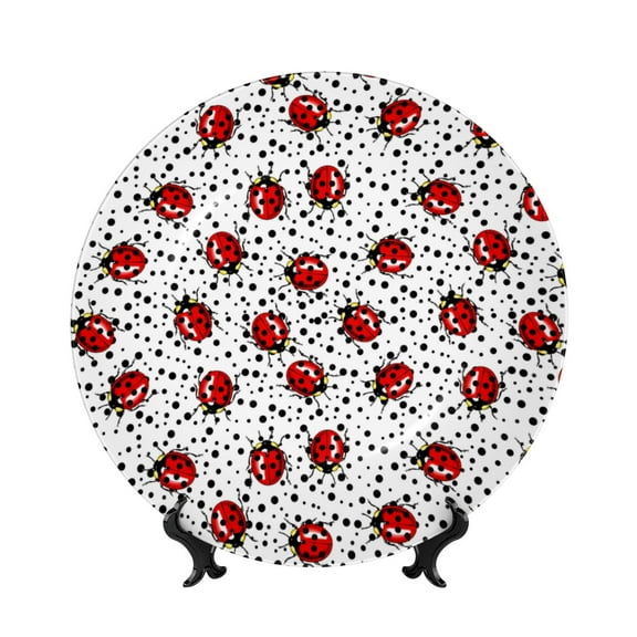 Kdxio Red Ladybugs On Black Dotted Bone China Decorative Plate Ceramic Decorative Plate for Home Office Wall Stand Decorative Plates for Home Bedroom-10in