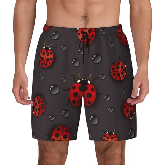 Kdxio Red Ladybugs On Dark Background Print Men'S Swim Trunks With Compression Liner 7 Inch Inseam Quick Dry Swim Shorts