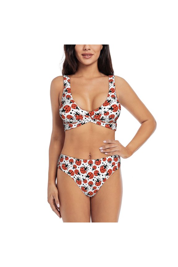 Red Ladybugs Print Women's 2 Piece High Waisted Wrap Spaghetti Strap Summer Swimsuit Bikini Set-Large