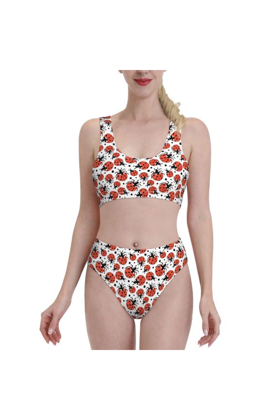 Red Ladybugs for Womens High Waisted Bikini Top Sports Style Two Piece Bathing Suits